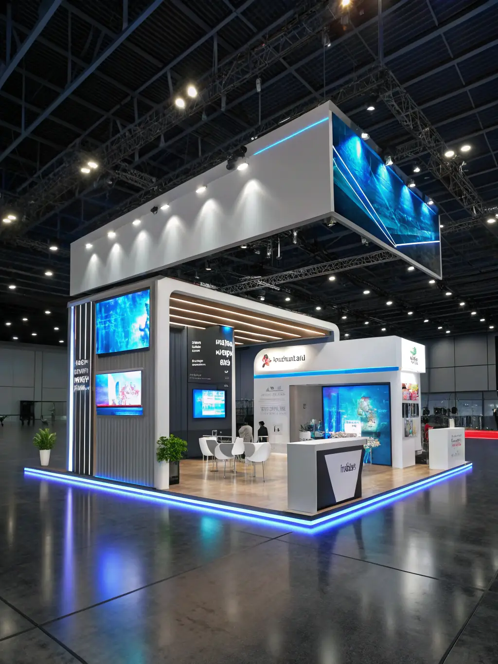 A 3D rendering of a custom exhibition stall designed by India Stand Build, showcasing a unique and eye-catching design.